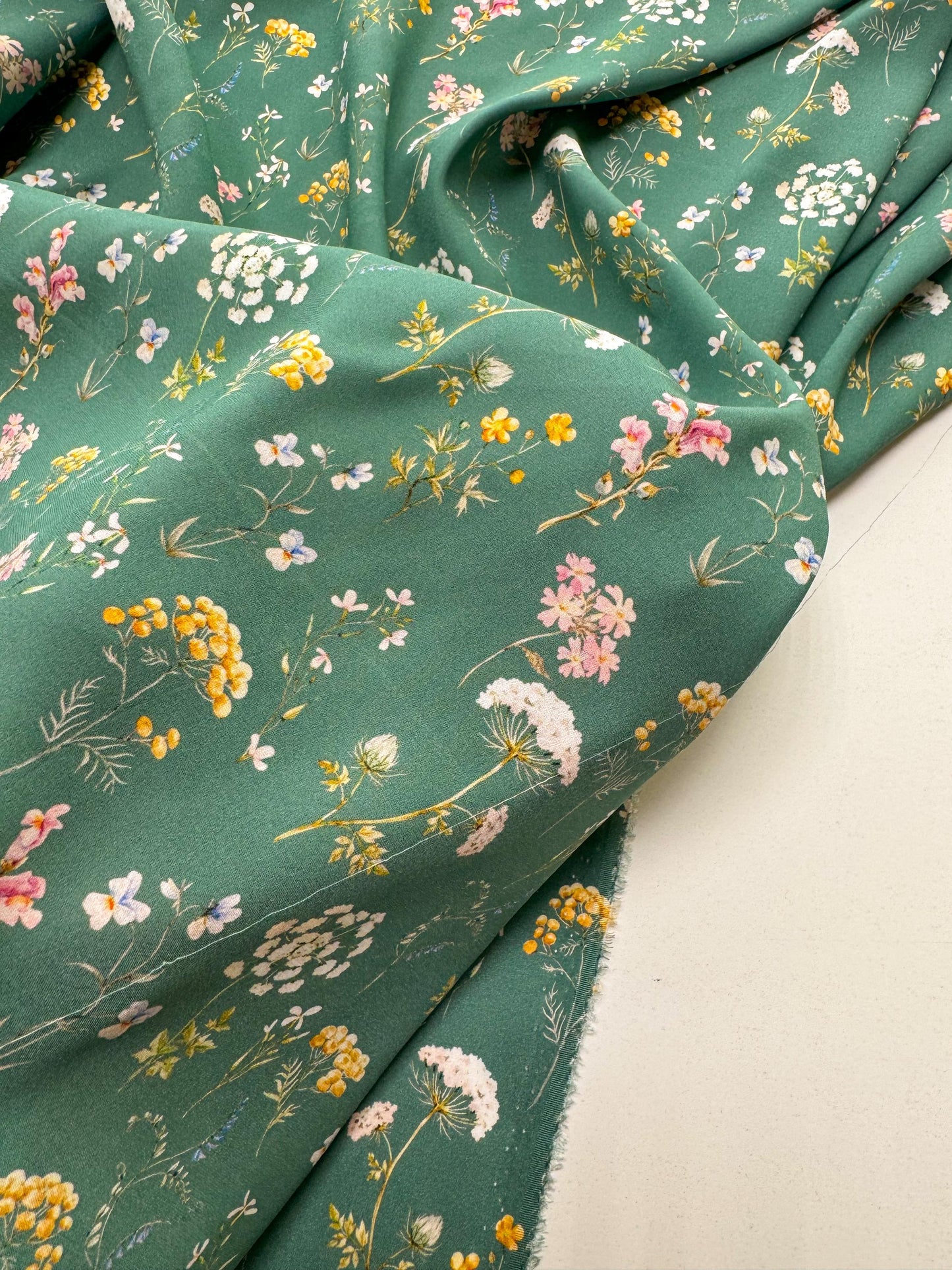 Floral Silk Satin Fabric: Sage Green Italian Designer Dressmaking