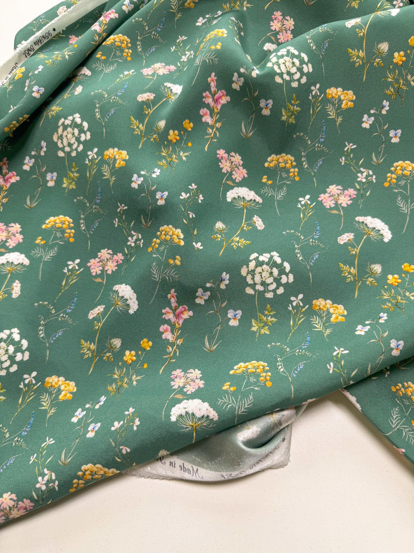 Floral Silk Satin Fabric: Sage Green Italian Designer Dressmaking