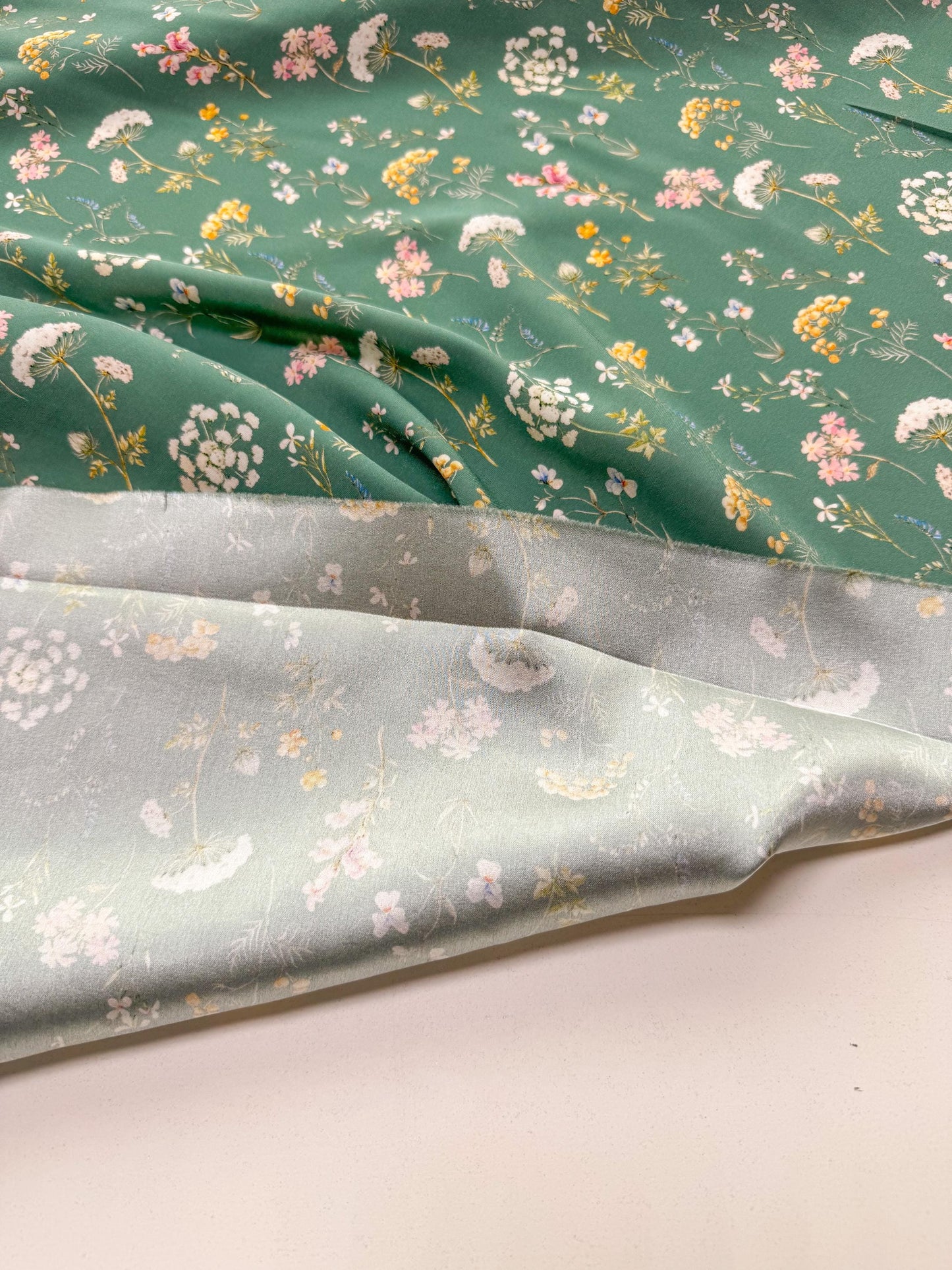 Floral Silk Satin Fabric: Sage Green Italian Designer Dressmaking